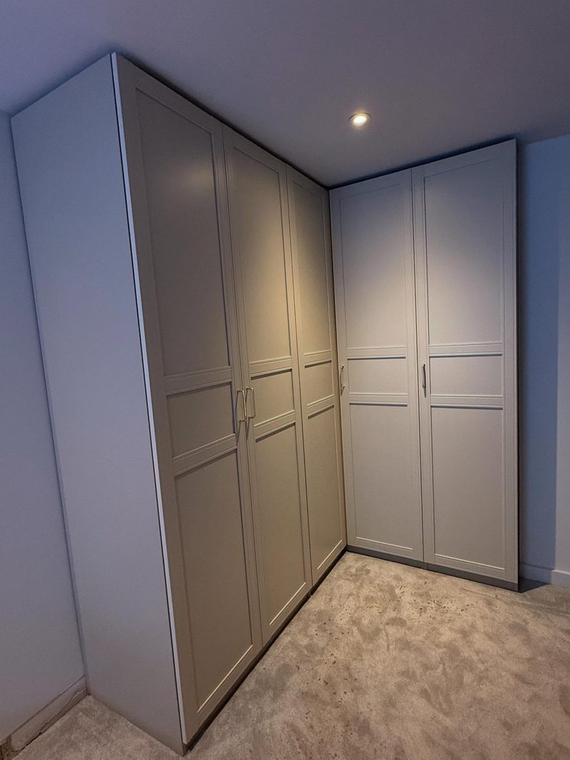 Grey IKEA PAX corner wardrobe with shaker doors assembled in Manchester